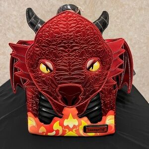 Loungefly Red and Black Dragon Mini Backpack with Yellow Eyes and Flame Accents